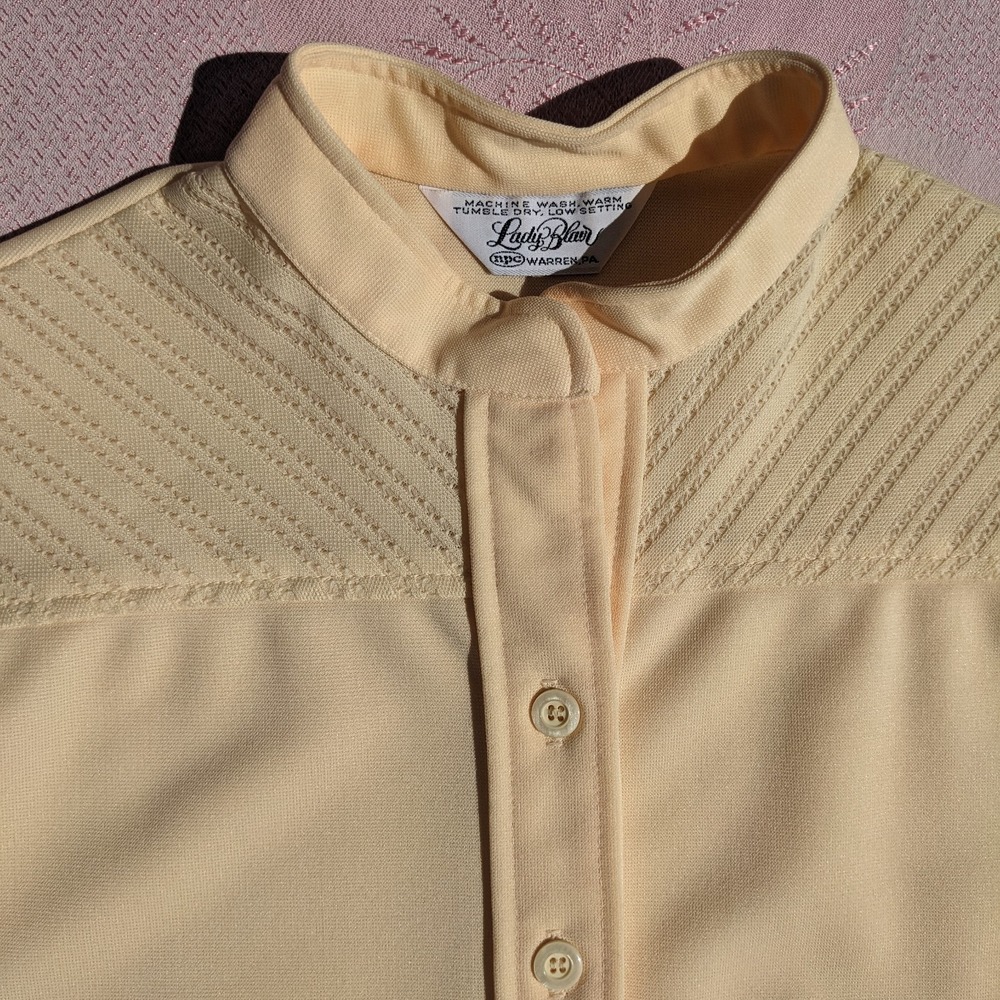 Vintage 70s Mod Shirt Dress M/L Yellow Midi Pointelle Lace Sleeve Shift Mandarin - Picture 3 of 14